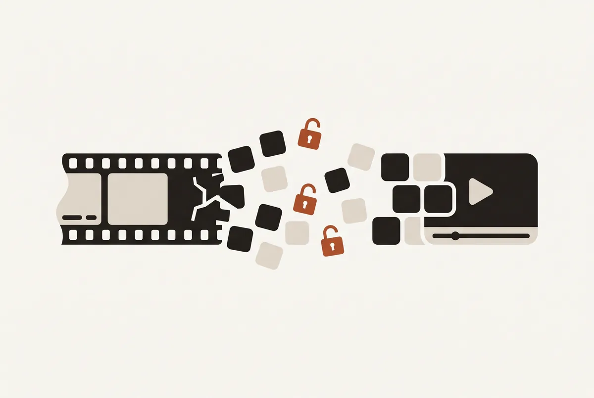 A filmstrip breaking into tiles, some unlocked, reassembling into a video player
