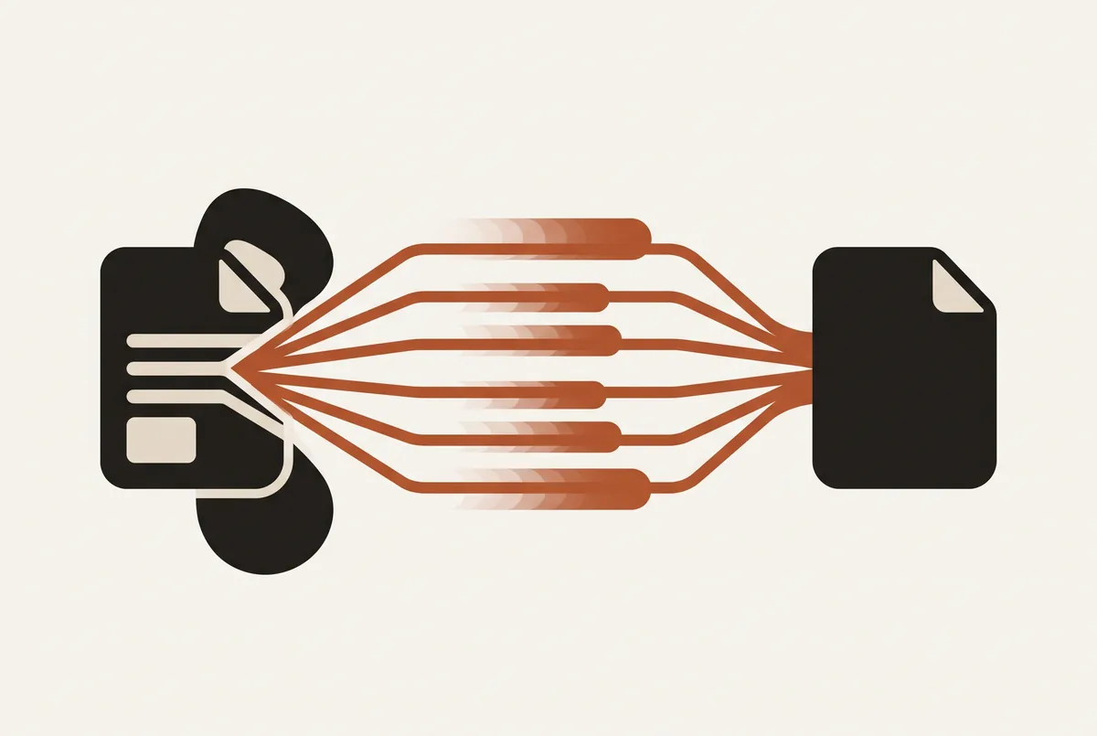 A file splitting into six parallel ember streams that merge back into one completed file