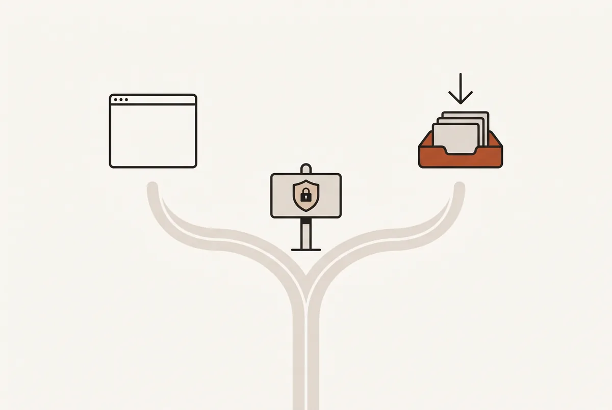 A path forking toward a browser window and a download tray, with a shield signpost