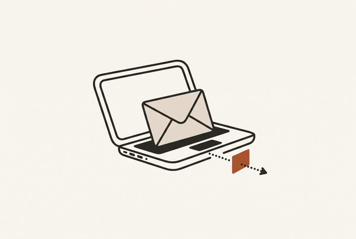 A sealed envelope on a laptop, an outgoing arrow stopped by a small wall