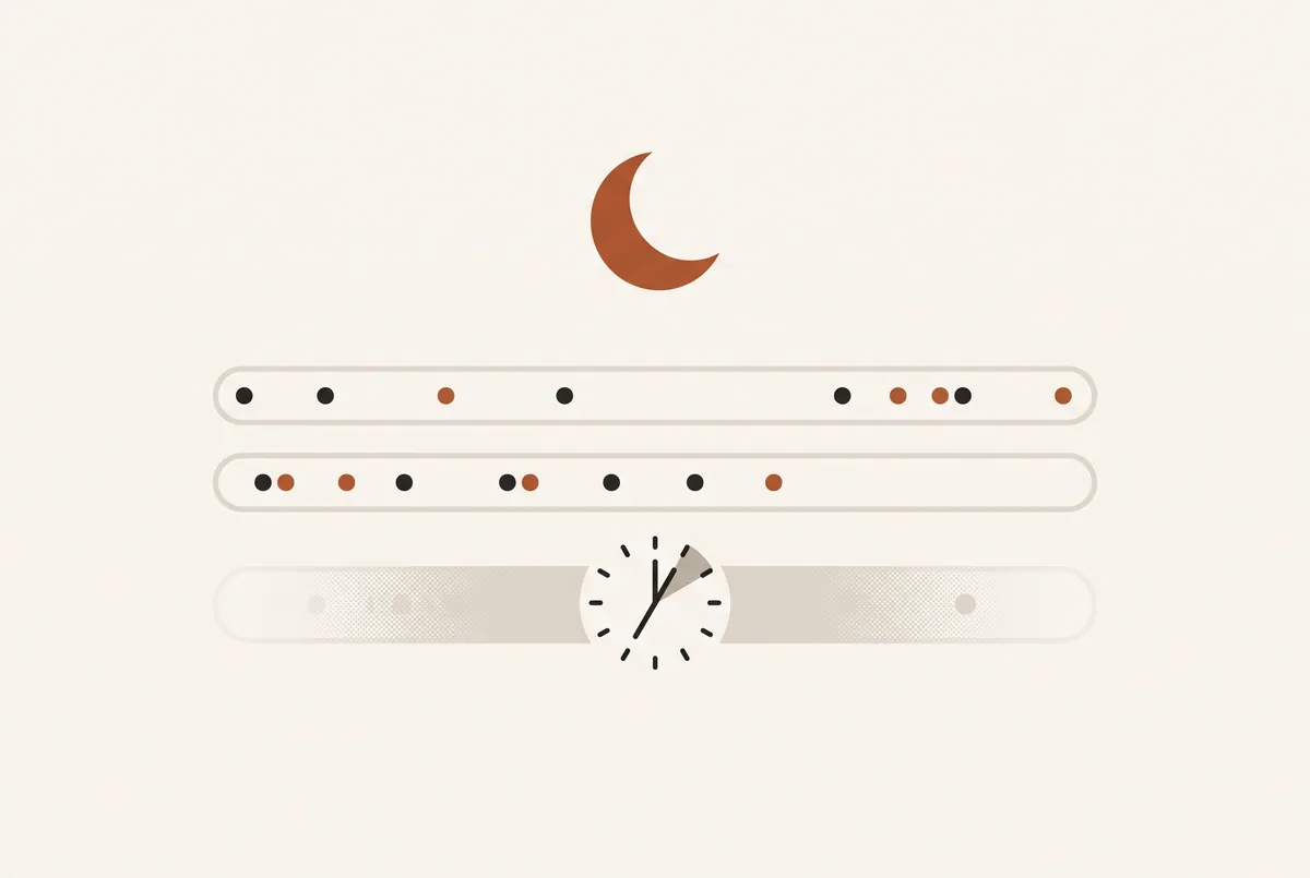 A crescent moon over three download lanes, one paused by a clock